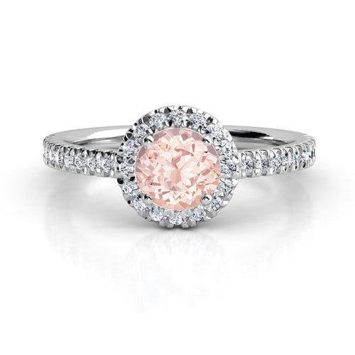 Anillo de Compromiso Halo y Pavé &quot; Nova Morganite&quot; con Morganita Natural de 6mm en Oro de 14K