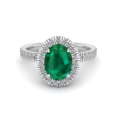 Anillo de Compromiso Halo y Pavé &quot;Lady Diana Emmerald&quot; con Esmeralda Natural de 8x6mm en Oro de 14K