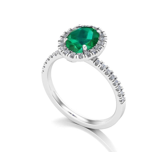 Anillo de Compromiso Halo y Pavé &quot;Lady Diana Emmerald&quot; con Esmeralda Natural de 8x6mm en Oro de 14K