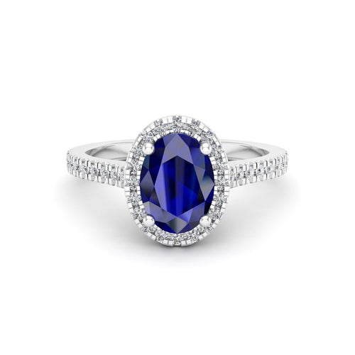 Anillo de Compromiso Halo y Pavé &quot;Lady Diana&quot; con Zafiro Natural de 7x5mm en Oro de 14K