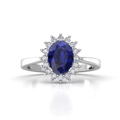 Anillo de Compromiso Halo &quot;Kate Middleton Sapphire&quot; con Zafiro Natural de 8x6mm en Oro de 14K
