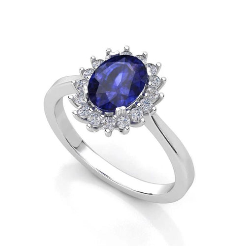 Anillo de Compromiso Halo &quot;Kate Middleton Sapphire&quot; con Zafiro Natural de 8x6mm en Oro de 14K