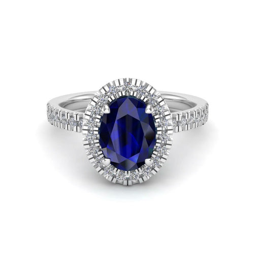 Anillo de Compromiso Halo y Pavé &quot;Lady Diana&quot; con Zafiro Natural de 8x6mm en Oro de 14K