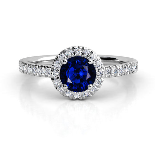 Anillo de Compromiso Halo y Pavé &quot;Sapphire Nova&quot; con Zafiro Natural de 6mm en Oro de 14K