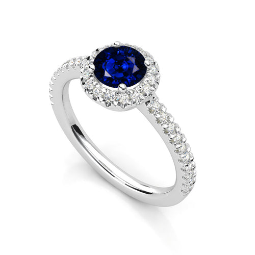 Anillo de Compromiso Halo y Pavé &quot;Sapphire Nova&quot; con Zafiro Natural de 6mm en Oro de 14K
