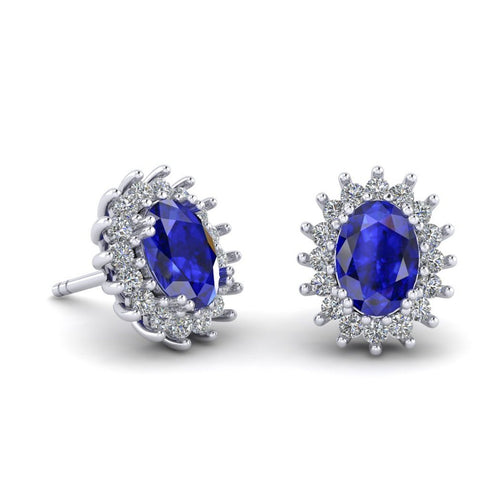 Aretes Ovalado Estrella con Zafiro Natural de 5mm x 7mm y Halo de Diamantes en Oro Blanco de 14K
