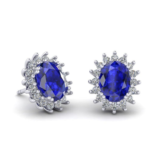 Aretes Ovalado Estrella con Zafiro Natural de 6mm x 8mm y Halo de Diamantes en Oro Blanco de 14K