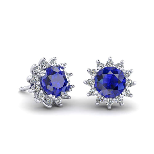 Aretes Redondo Estrella con Zafiro Natural de 6mm y Halo de Diamantes en Oro Blanco de 14K