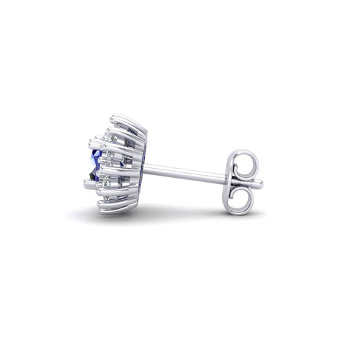 Aretes Ovalado Estrella con Zafiro Natural de 5mm x 7mm y Halo de Diamantes en Oro Blanco de 14K