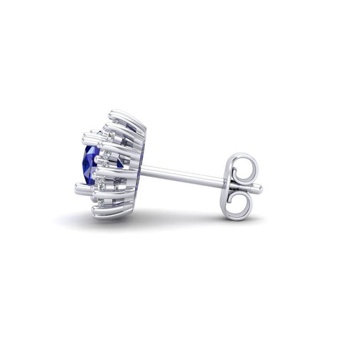 Aretes Ovalado Estrella con Zafiro Natural de 6mm x 8mm y Halo de Diamantes en Oro Blanco de 14K